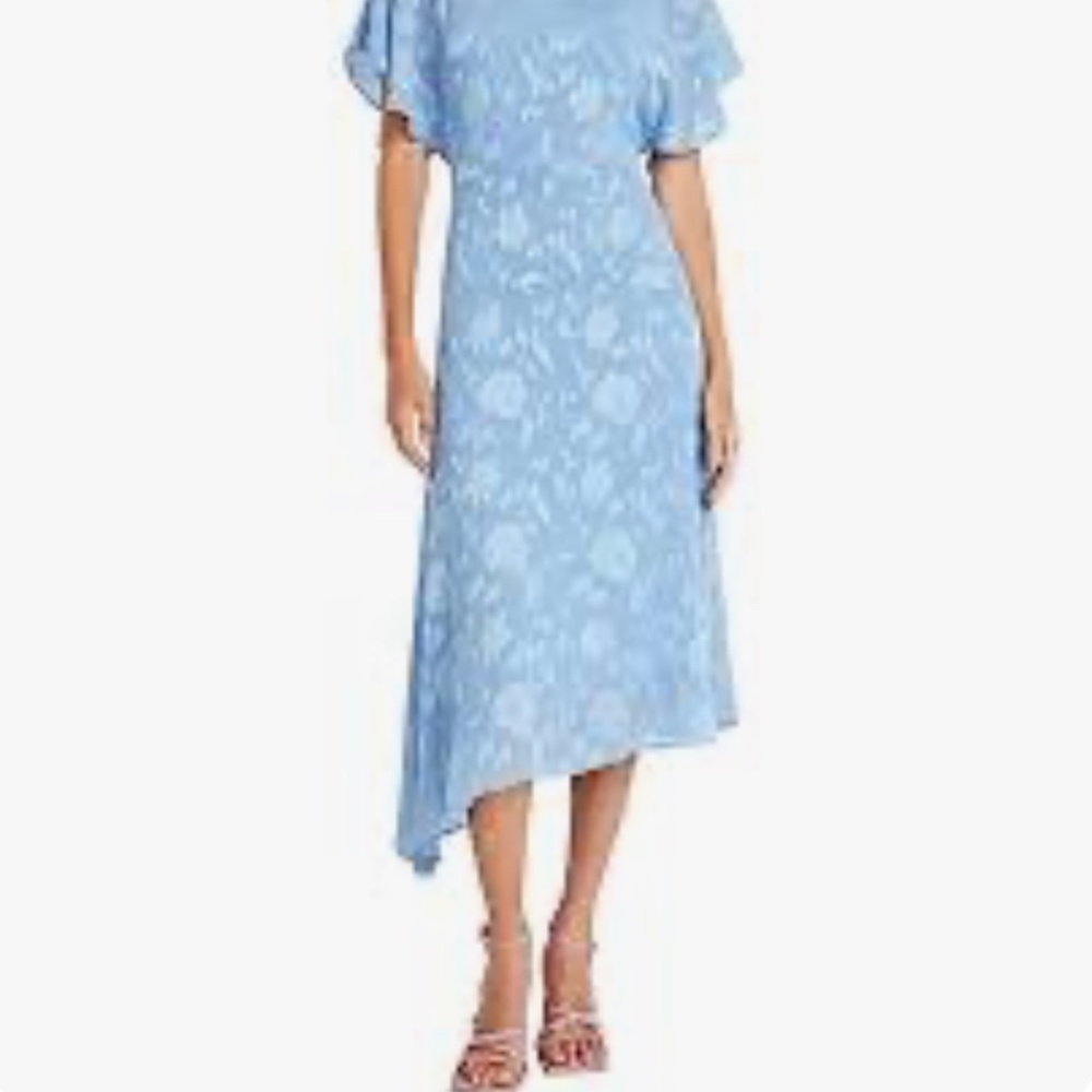 Maggie London floral jacquard asymmetrical azurine blue dress size 8